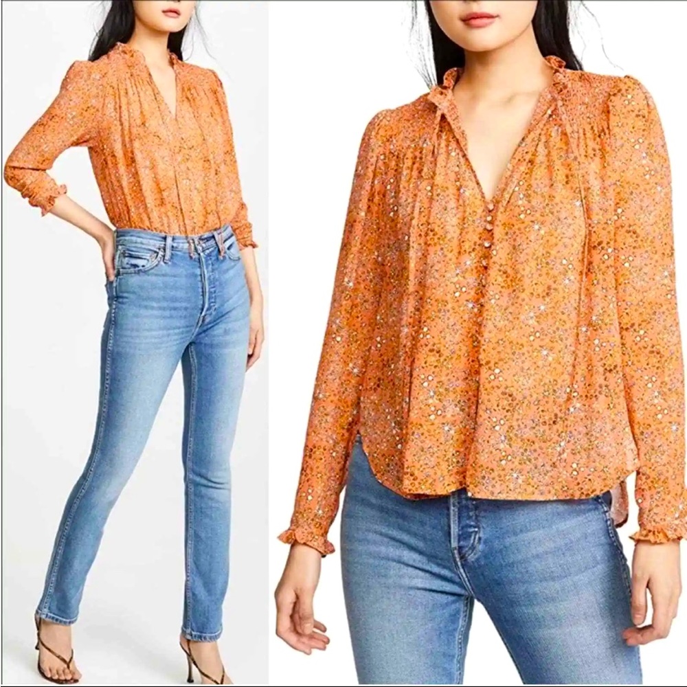Free People Lela Blouse Floral Sheer Button Up Neck Ties Hi-Low Oversized Coral